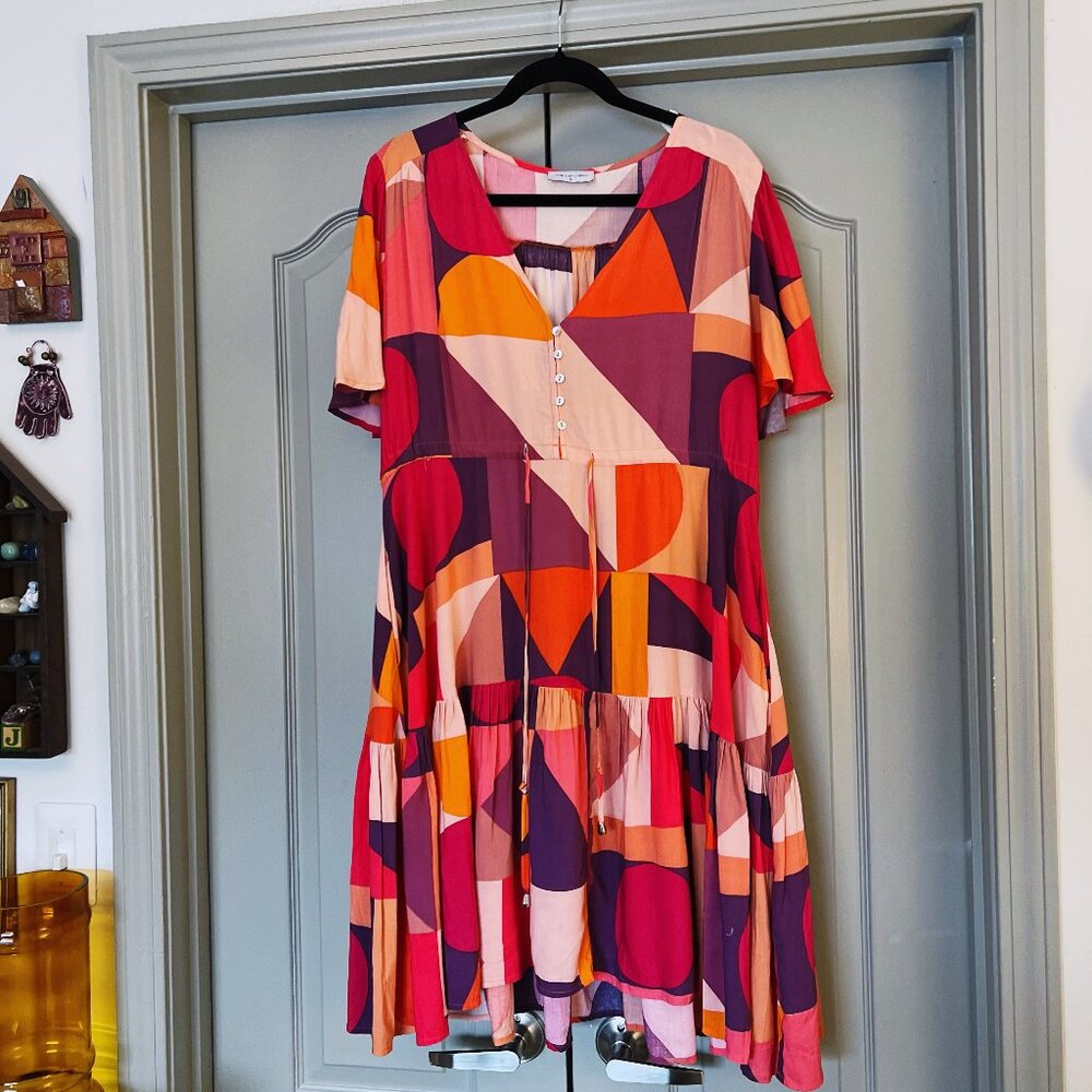 Little Party Dress Geometric Print Tiered Mini Dress Size 12 Colorful Boho